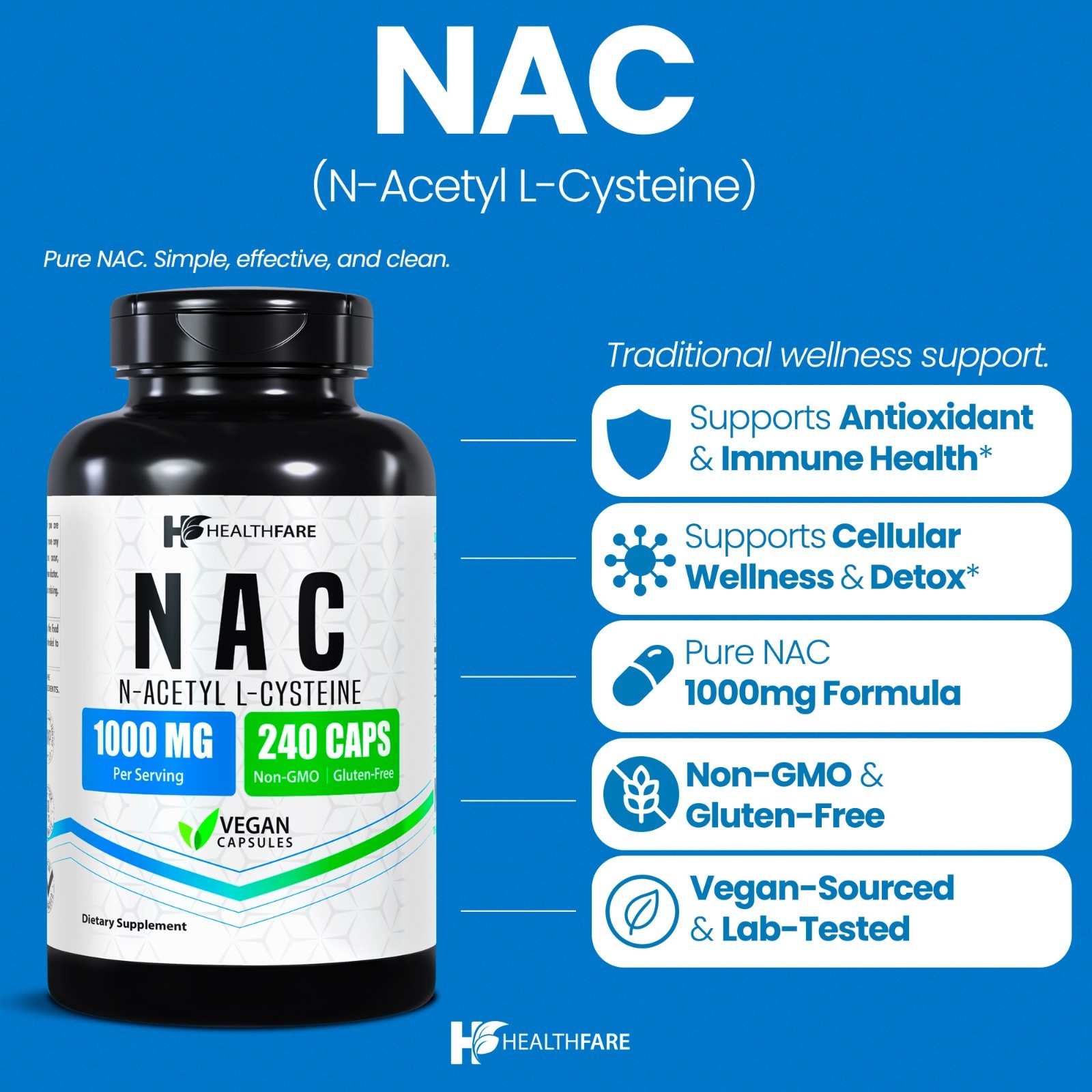 HealthFare N-Acetyl-Cysteine (NAC) 1000mg 240 Caps Immune System Function