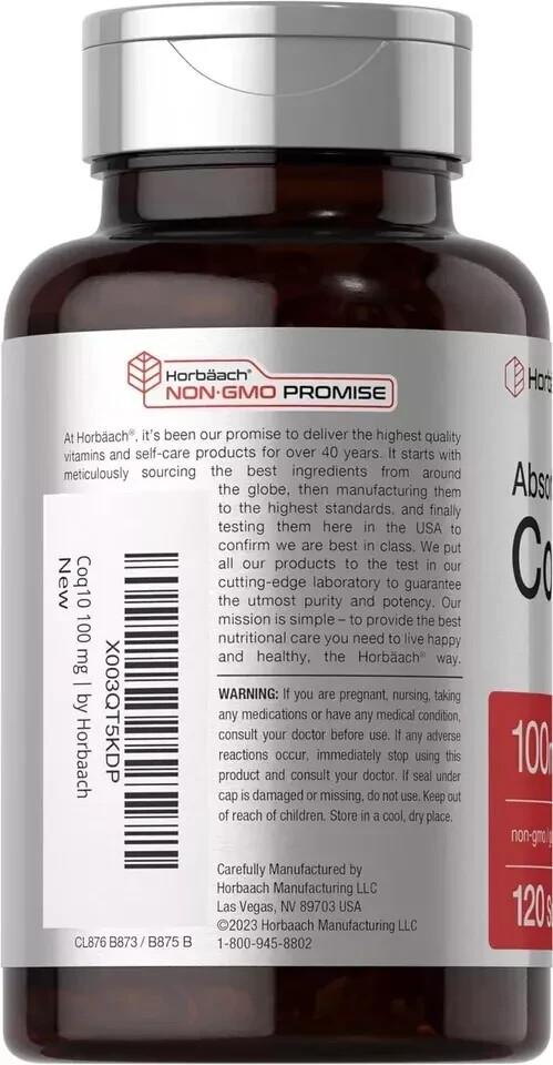 CoQ10 100mg Softgels | 120 Count | Non-GMO and Gluten Free | By Horbaach