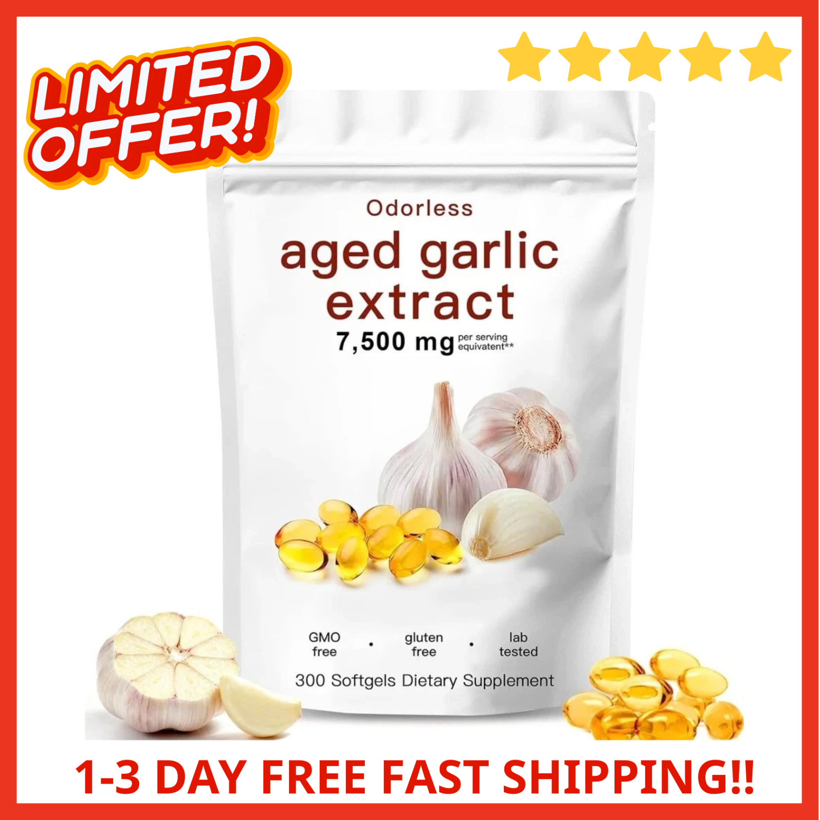 Odorless Garlic 7500mg Per Servings, 300 Softgels | 2 Years Aged Garlic Extra…