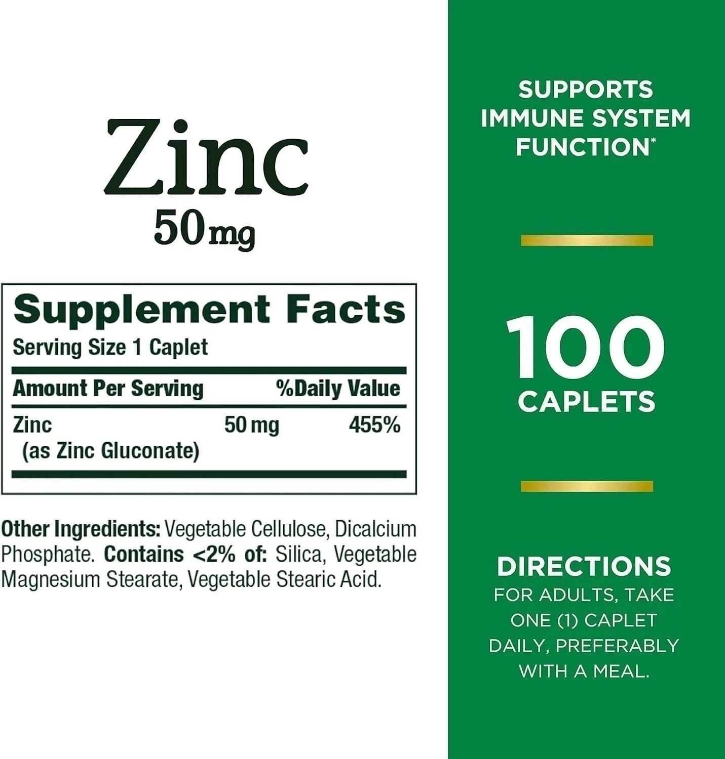 Zinc, Supports Immune System Function, Dietary Supplement, 50 Mg, Caplets, 100 C