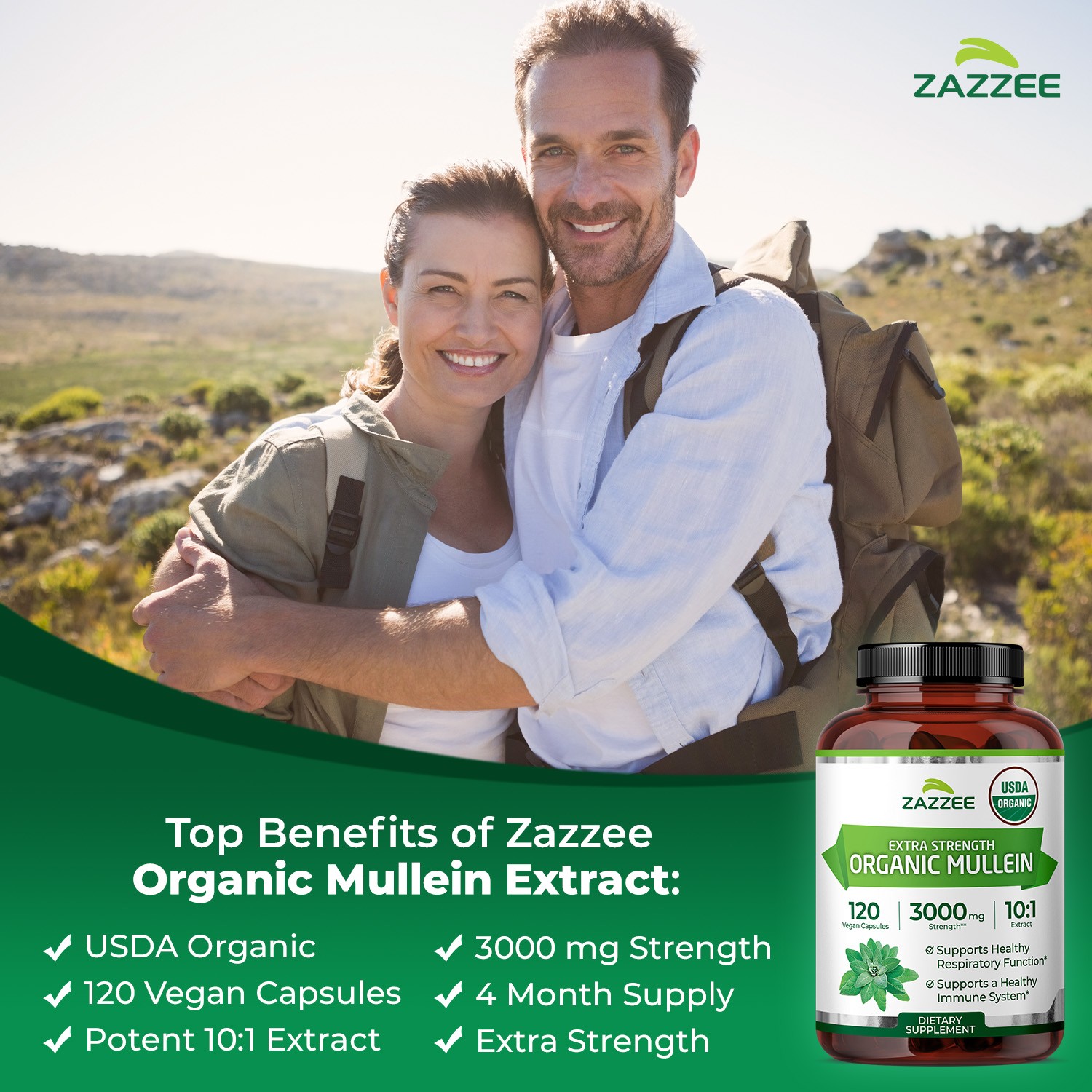 Zazzee USDA Organic Mullein 10:1 Extract, 3000 mg Strength, 120 Vegan Capsules