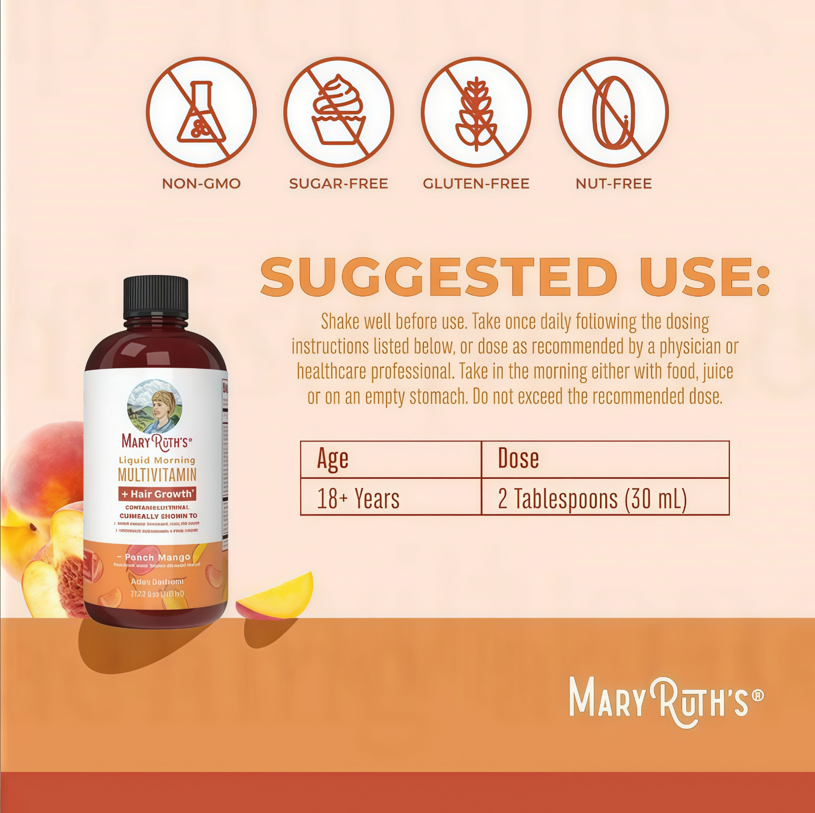 Mary Ruth’s Multivitamin + Hair Growth | 3 Pack | Peach Mango 15.22 oz brand..-+