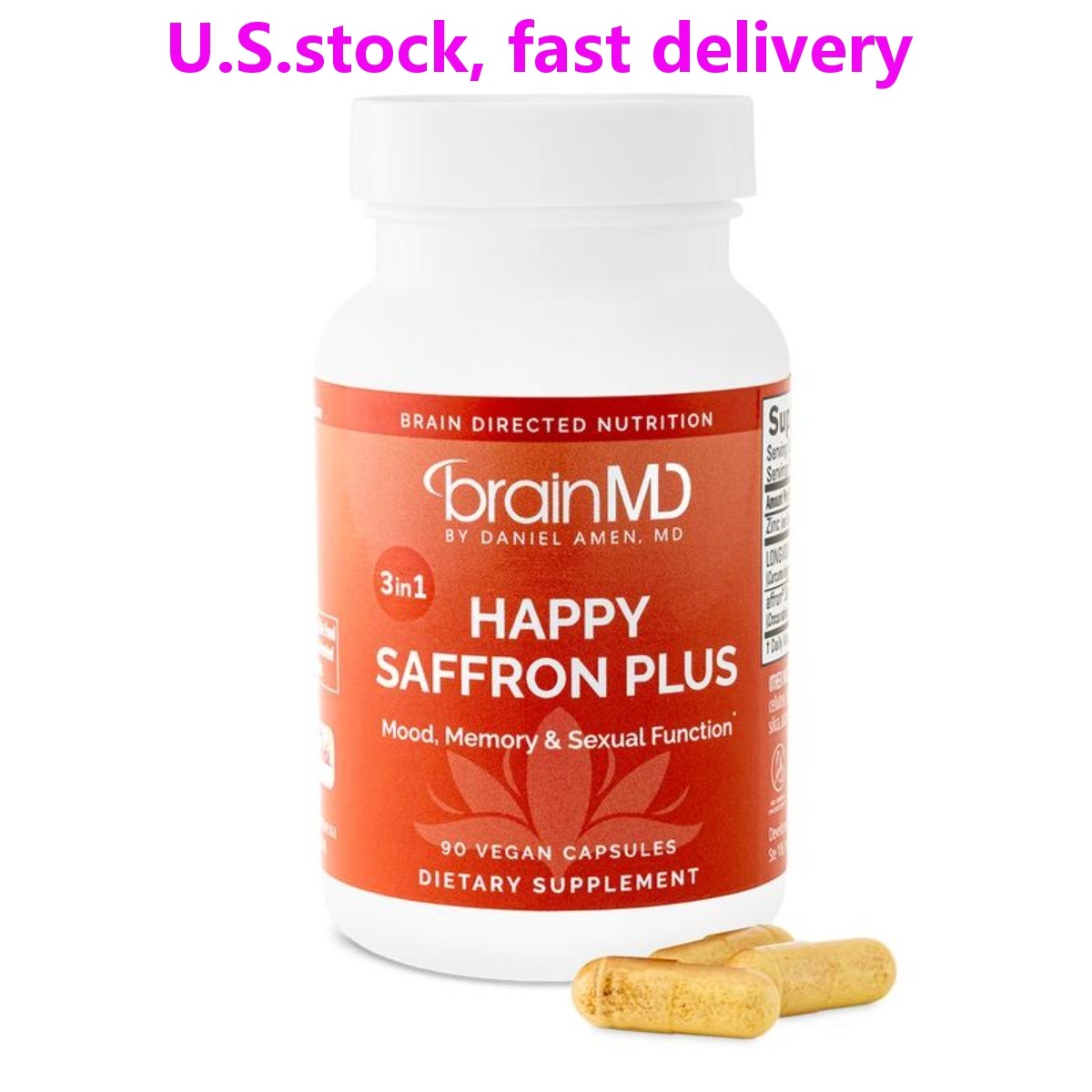 BrainMD Happy Saffron Plus Vegan Capsules Mood Memory Stress Support 90 Count