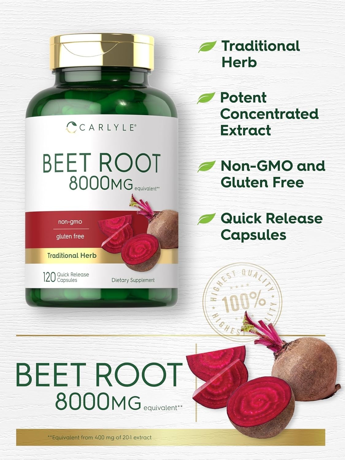 USDA Organic Extra Strength Beet Root 20:1 Extract 8000 mg Strength 120 Capsules