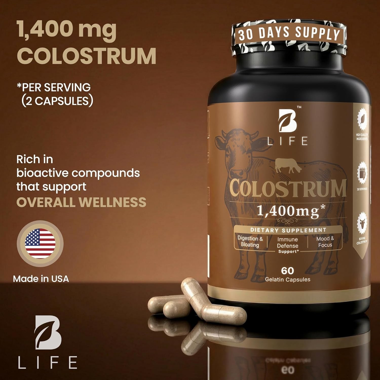 BLife Bovine Colostrum 1400mg Immune Gut Support 60 Caps Exp 04/2028