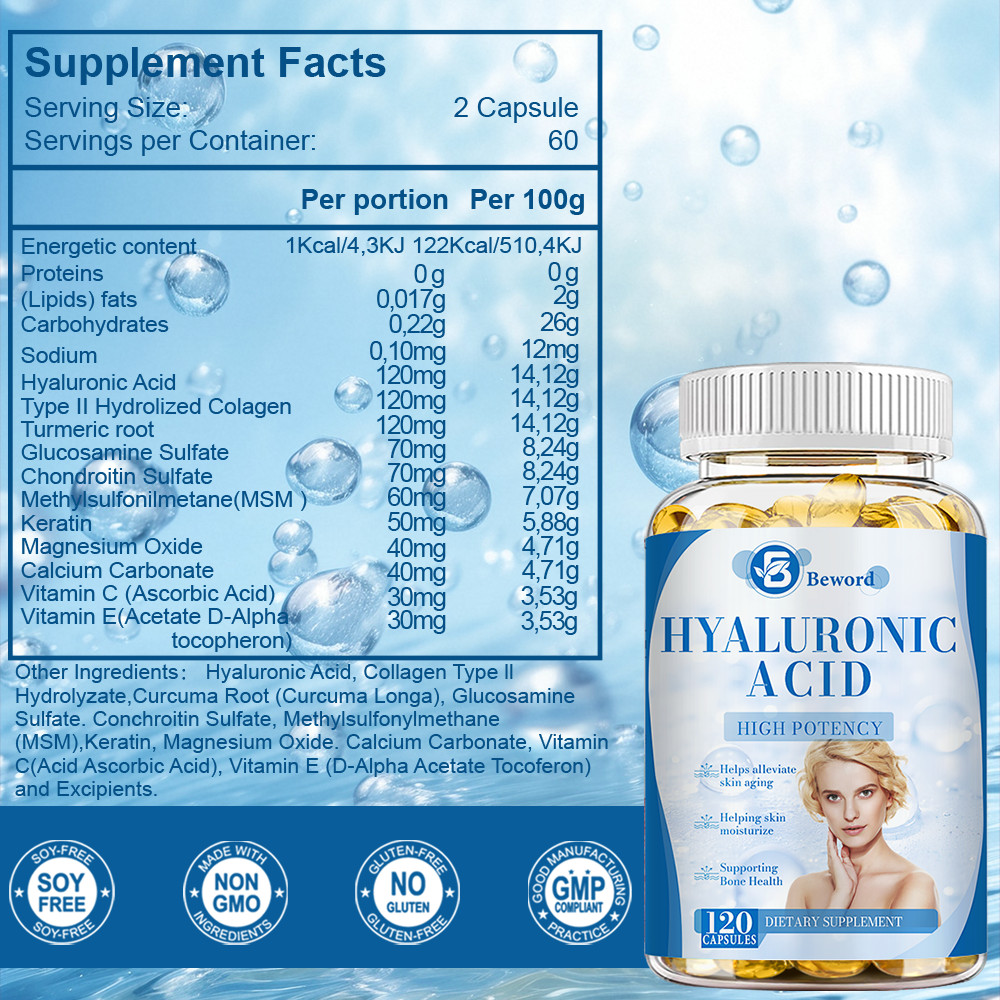 Hyaluronic Acid Capsules With Turmeric | 120 Capsules | Non-GMO & Gluten Free
