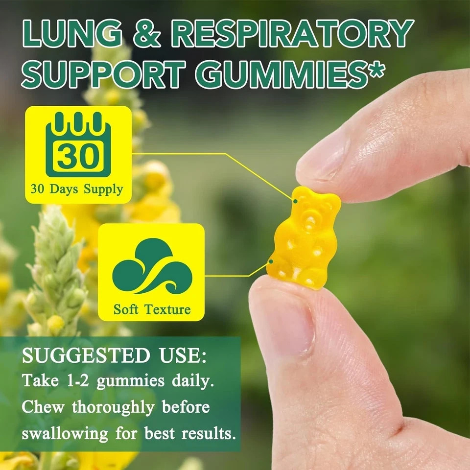 60 Count Mullein Gummies for Lung Cleanse, 2000mg Organic Mullein Leaf Extract f