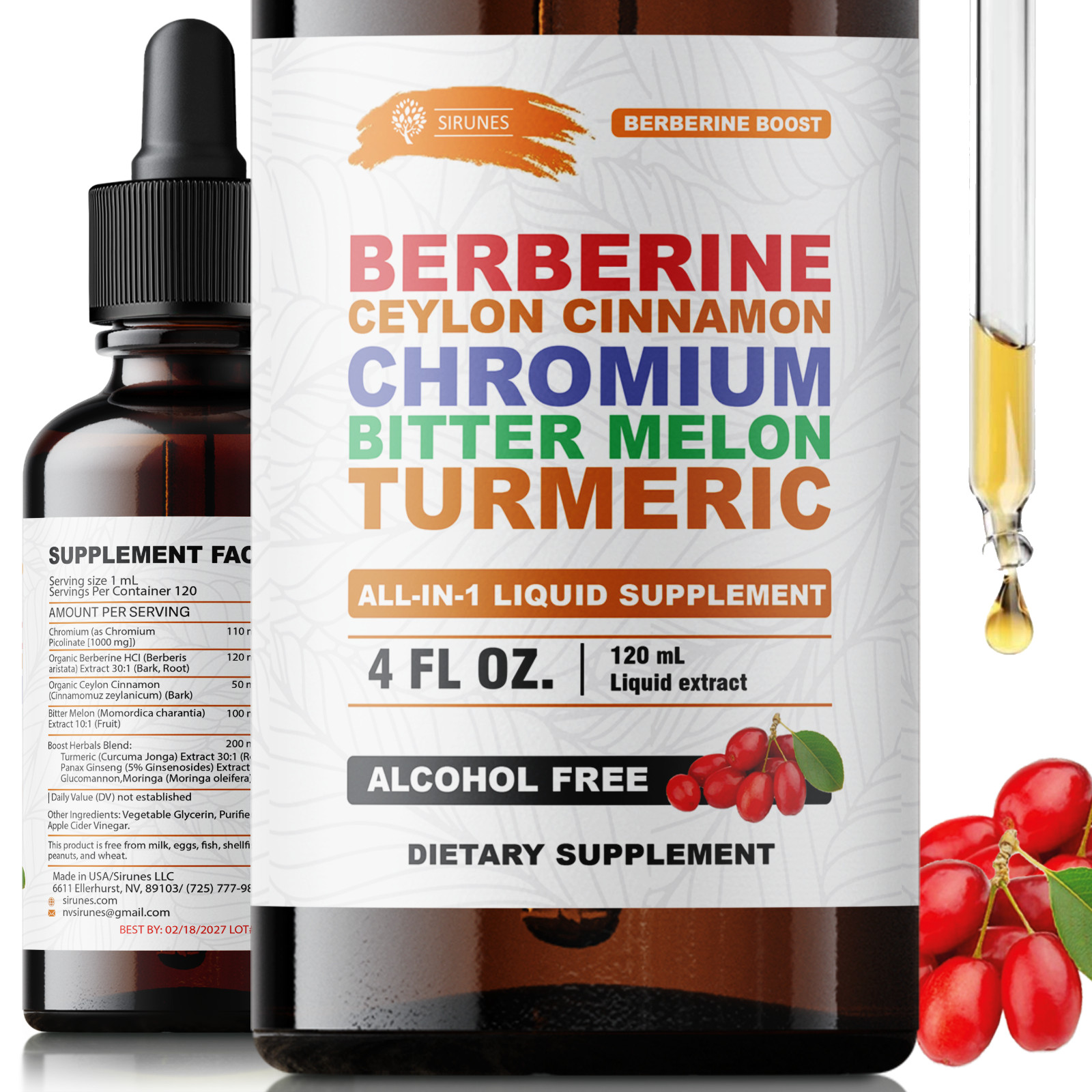 Berberine Drops 4oz Ceylon Cinnamon Turmeric with Bitter Melon & Chromium