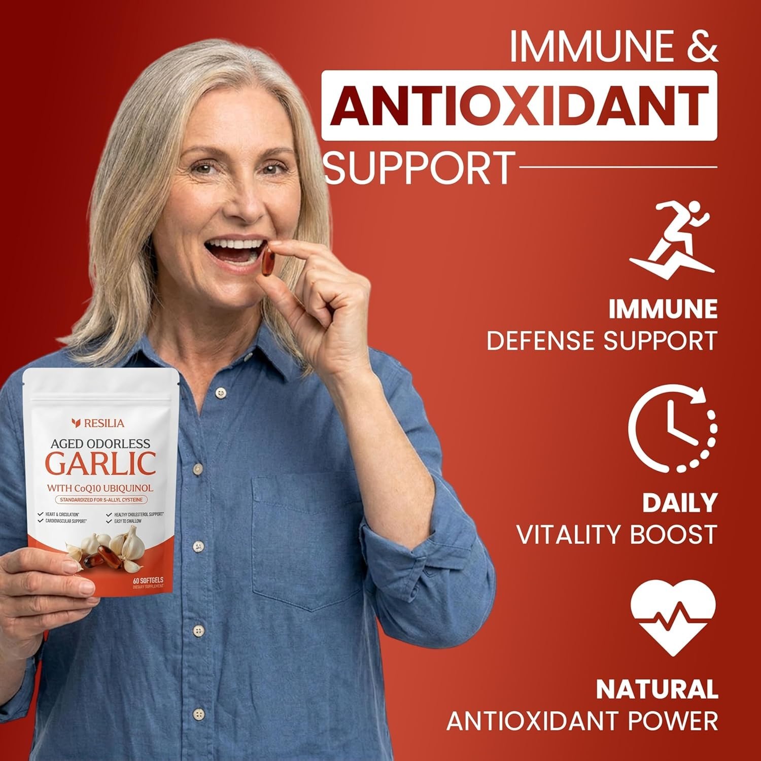 Resilia Garlic Extract 1200mg Softgels (60 Count) – Odorless Aged Garlic Extra..