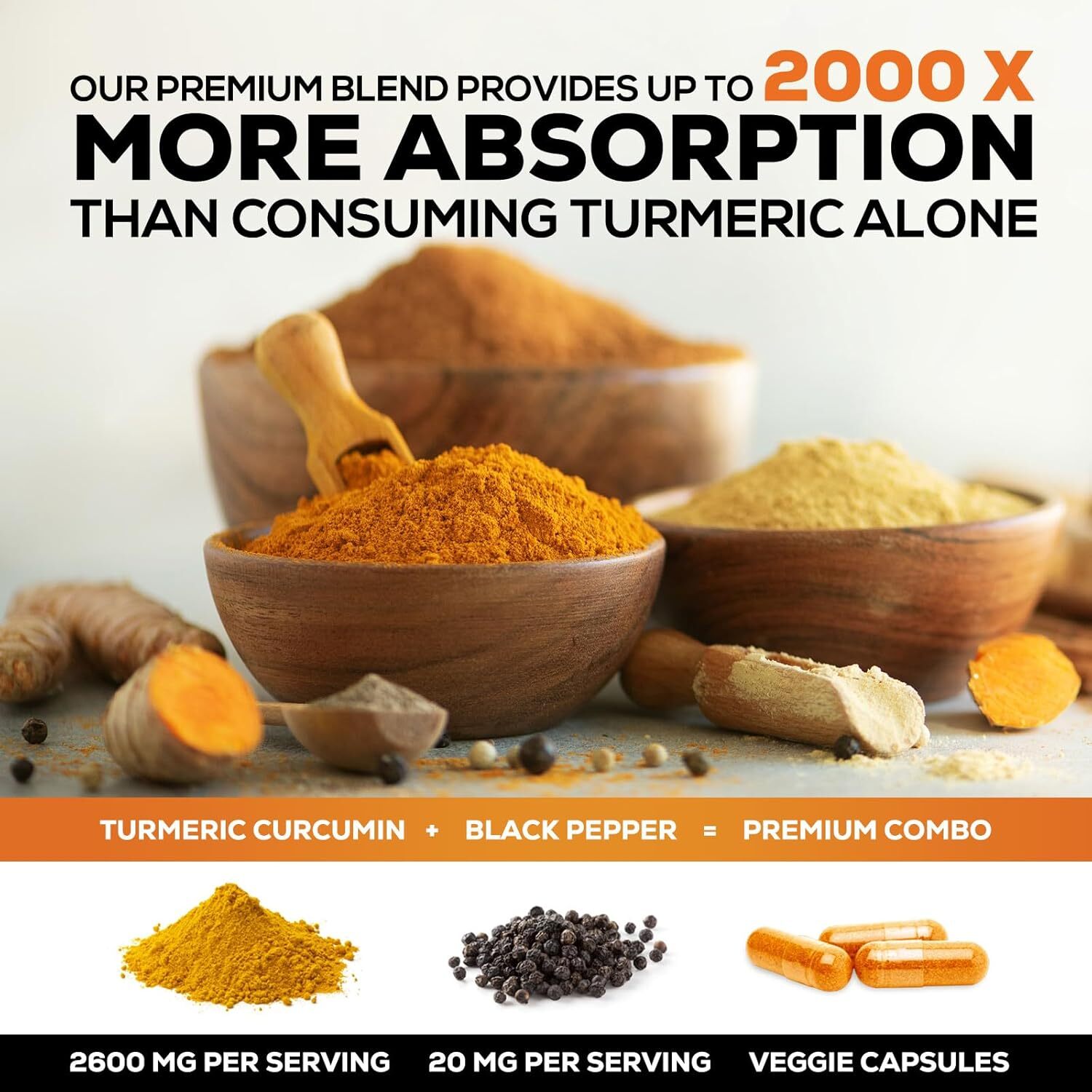 Turmeric Curcumin with Bioperine 2600mg High Absorption Triple Strength Capsules