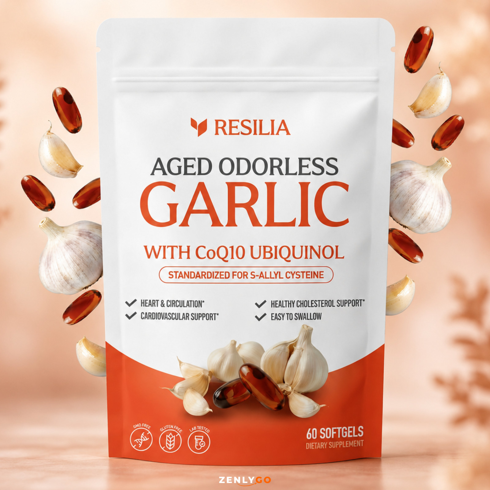 Resilia Garlic Extract 1200mg Softgels (60 Count) – Odorless Aged Garlic Extra..