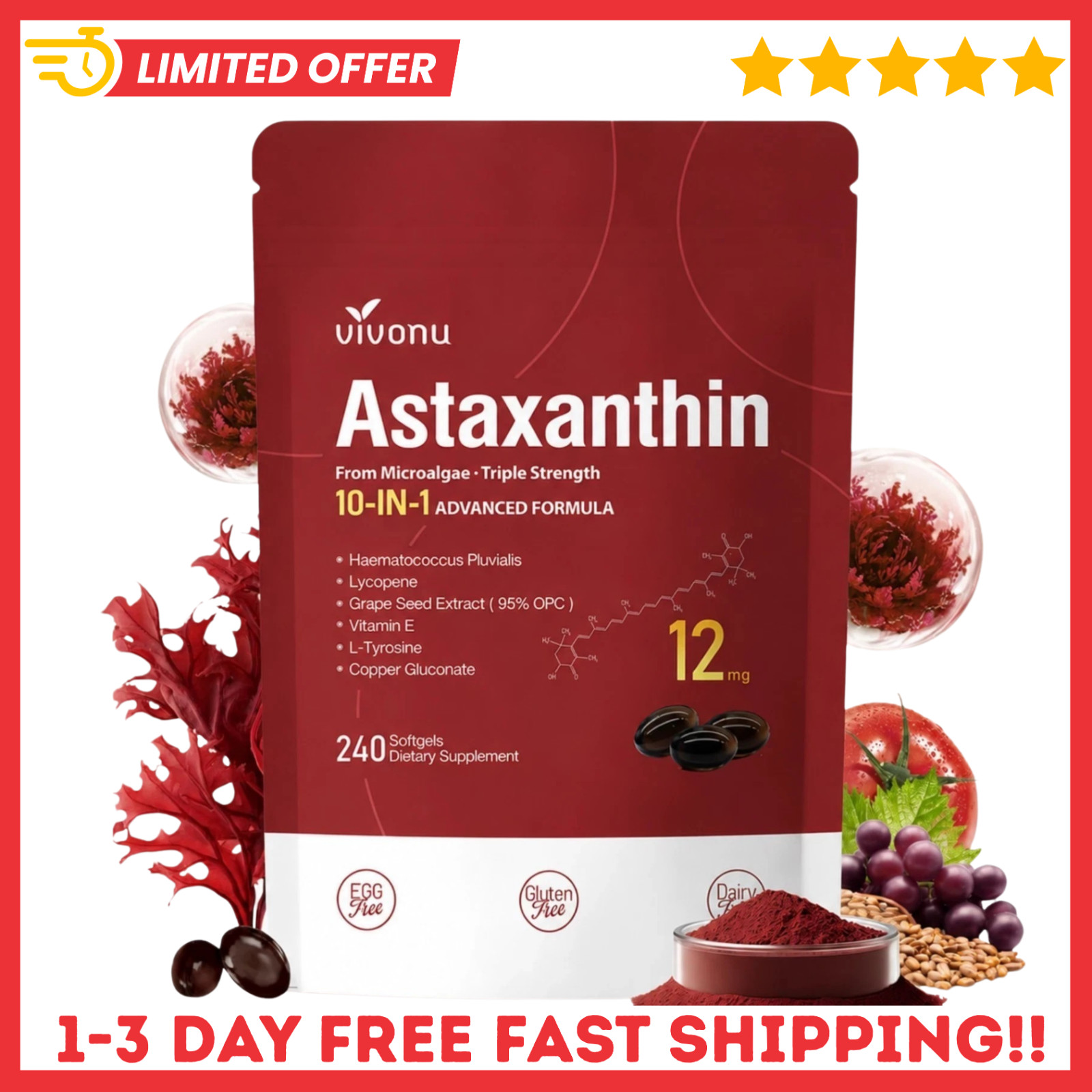 Astaxanthin 12mg 240 Softgels, 4 Month Supply,Triple Strength,Non-GMO,Eye Health