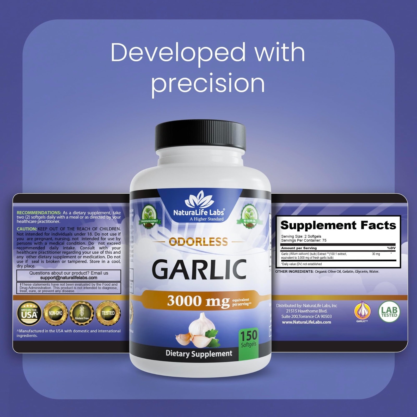 Odorless Garlic Extract 100:1 with Olive Oil – 150 Softgels, Non-GMO, Gluten-Fre