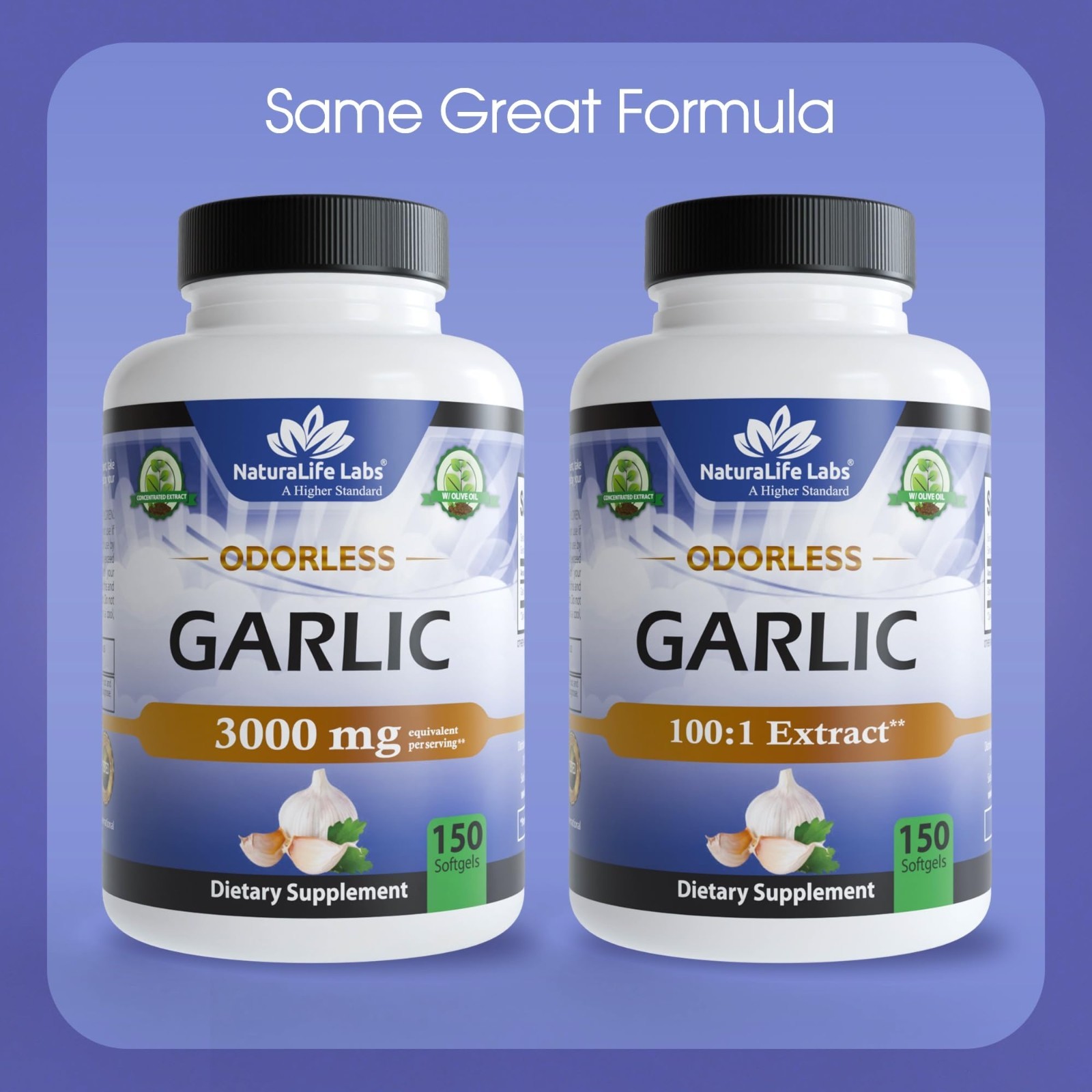 Odorless Garlic Extract 100:1 with Olive Oil – 150 Softgels, Non-GMO, Gluten-Fre