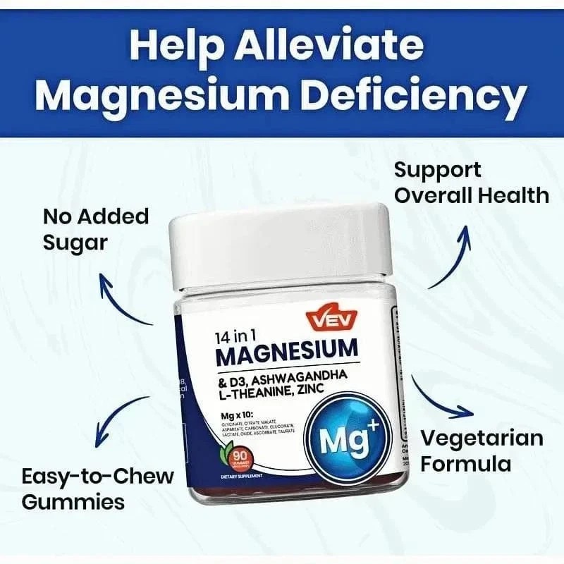 2-Pack VEV 14-in-1 Magnesium Gummies – 10 Mg Types + D3, Ashwagandha – 90 Ct