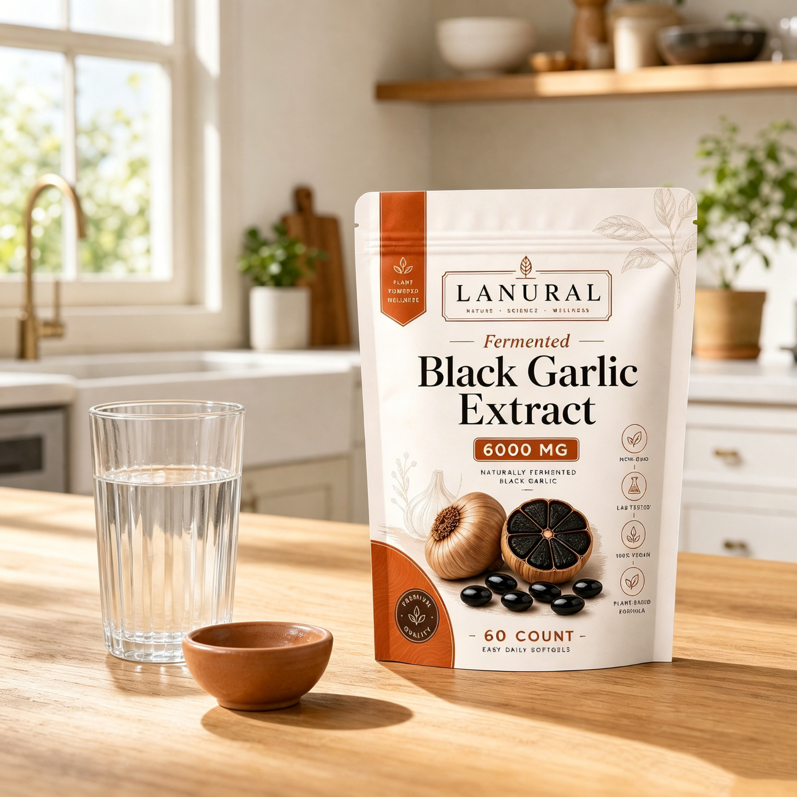 Fermented Lanural Black Garlic, Odorless Capsules, 60 Count