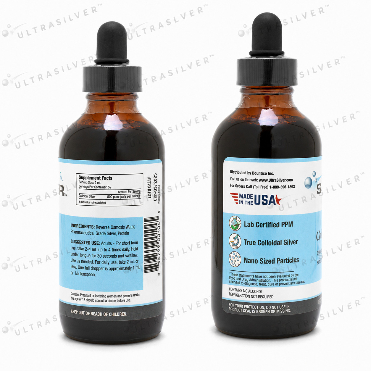 Ultra Silver Colloidal Silver 500PPM -Immune Support – 4oz Glass Dropper Bottle