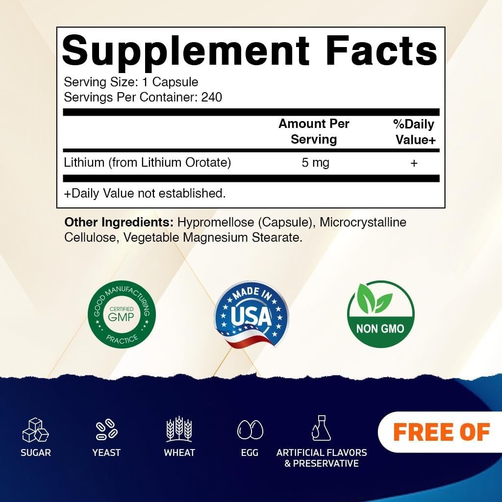 Brain Health Optimizer: 240 Vegetarian Lithium Orotate 5mg Capsules – USA Made