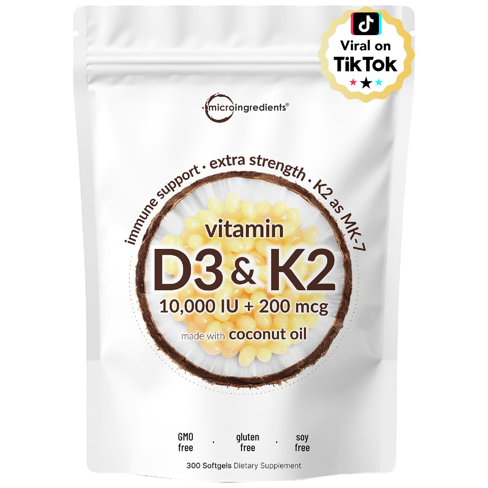Micro Ingredients Vitamin D3 10,000 IU + K2 MK-7 200 300 Count (Pack of 1)