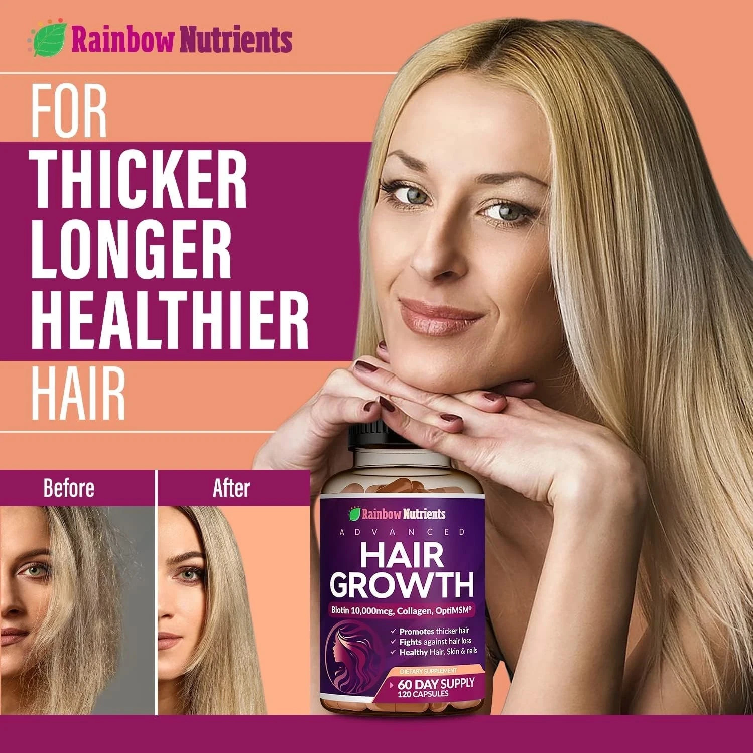 Rainbow Nutrients Hair Growth Vitamins Biotin 10000mcg with Collagen Supplement