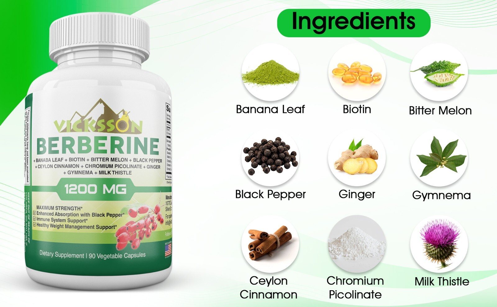 Vicksson Berberine Complex 1200mg Immune System, Weight Management 90Ct