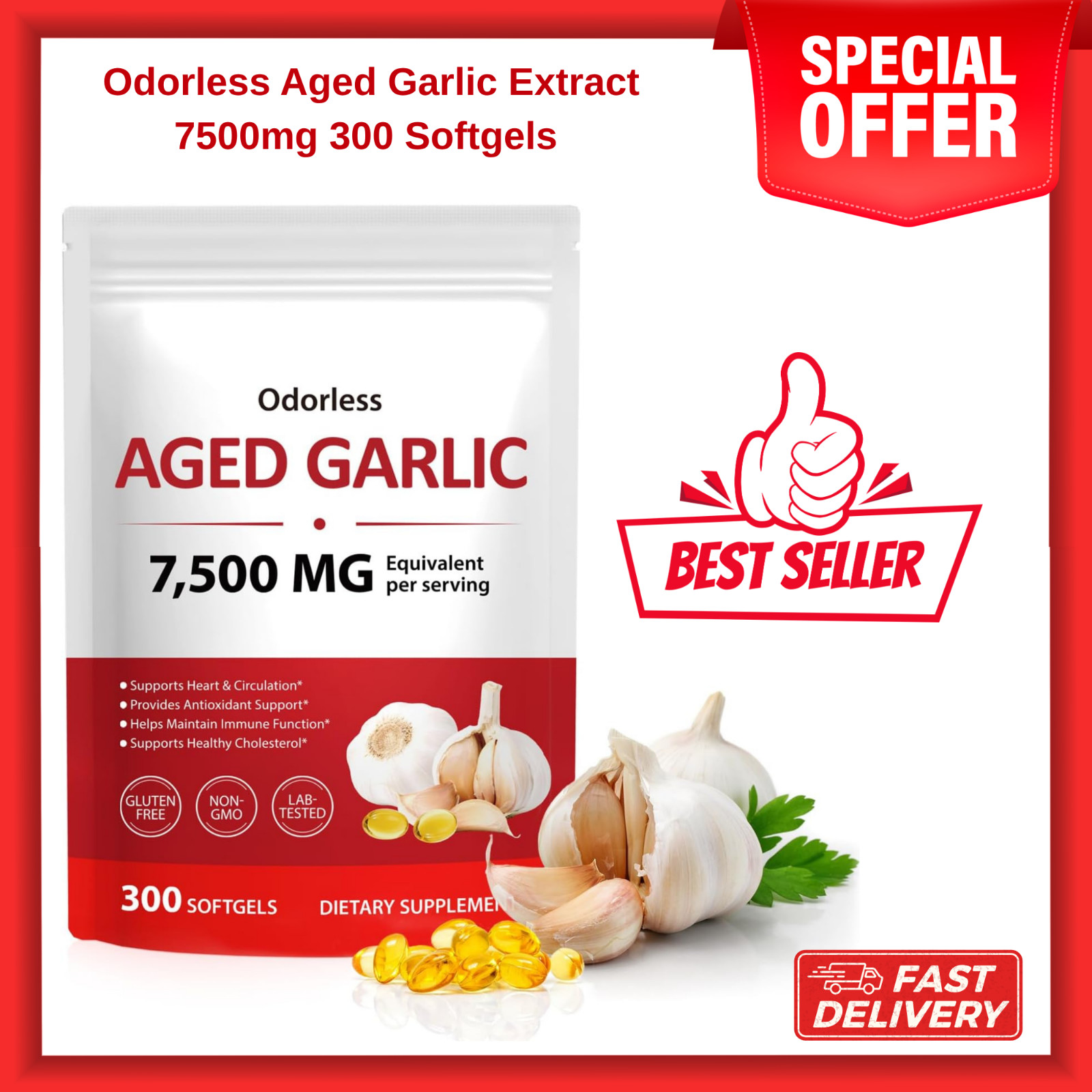 Odorless Garlic 7500Mg per Servings, 300 Softgels | 2 Years Aged Garlic Extra…