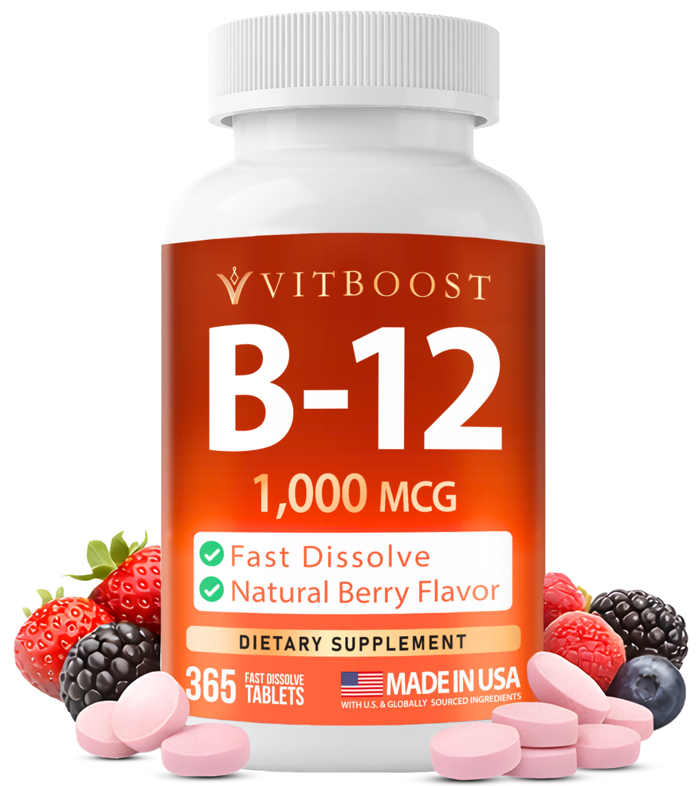 VITBOOST Vitamin B12 1000 mcg Chewable Tablets – 365 Count Natural Berry Flavor