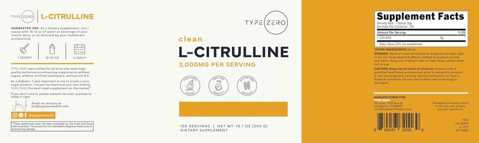 Pure L-Citrulline Base Powder – 3,000mg, 100 Servings
