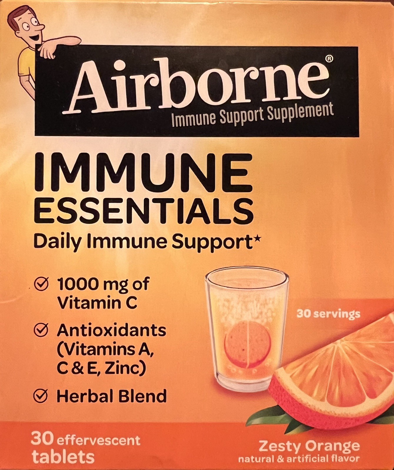 3 boxes of 90 count – Airborne Vitamin C 1000mg Tablets, Zesty Orange.
