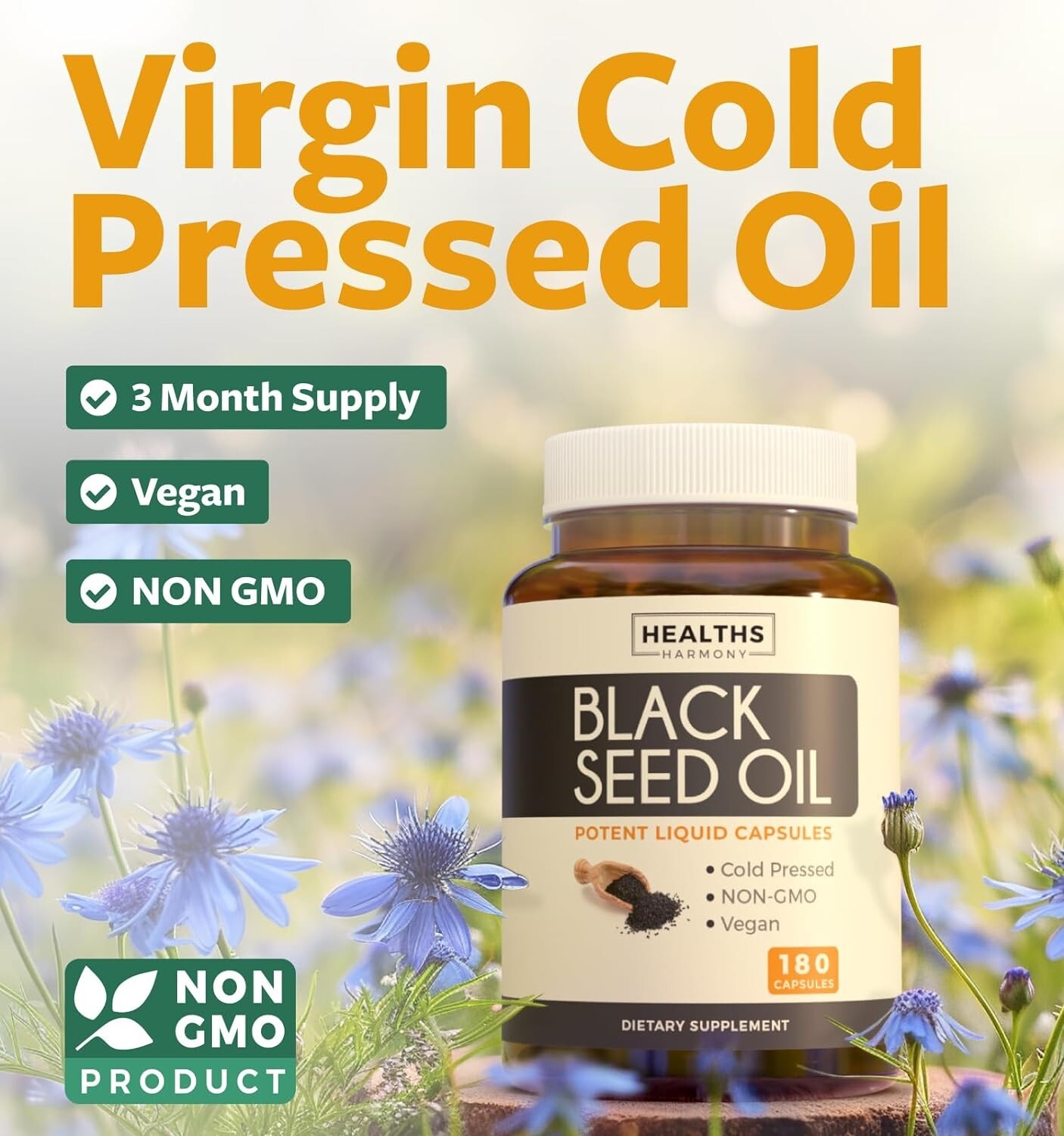 Healths Harmony Black Seed Oil – 180 Softgel Capsules (Non-GMO & Vegan) Premium