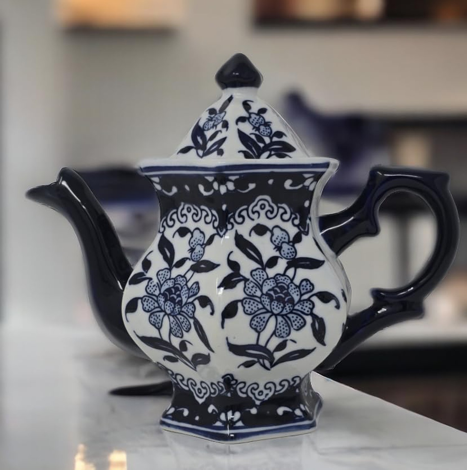 Teapot Blue and White Porcelain 16 Ounce China, Coffee Pot? Hexagonal
