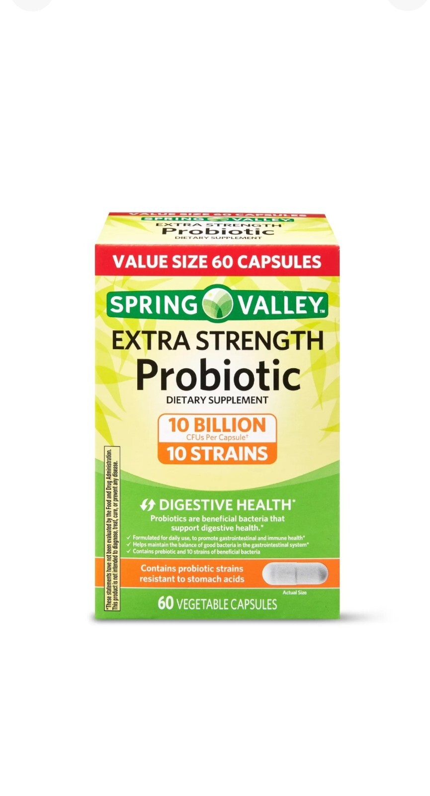 Spring Valley Extra Strength Probiotic Digsetive Capsules, 10 Billion CFU, 60 Ct