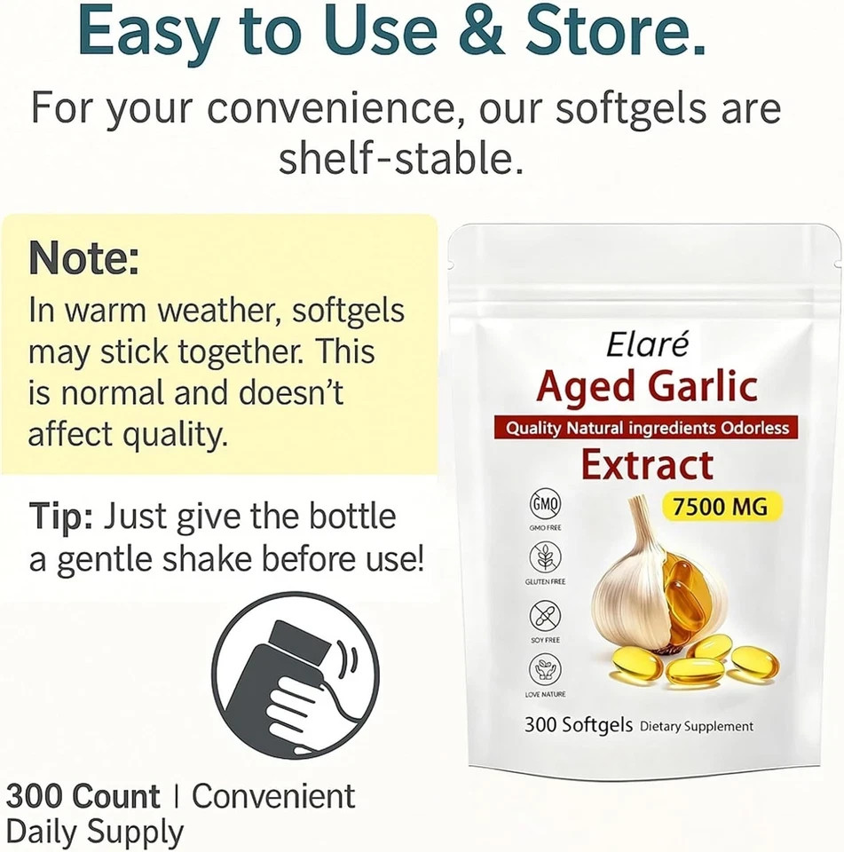 Odorless Garlic 7500mg Per Servings, 300 Softgels | 2 Years Aged Garlic Extra…