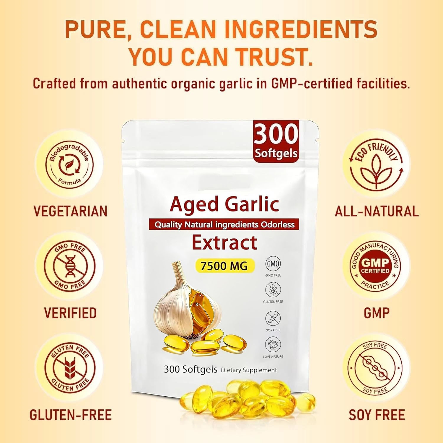 Odorless Garlic 7500mg Per Servings, 300 Softgels | 2 Years Aged Garlic Extra…