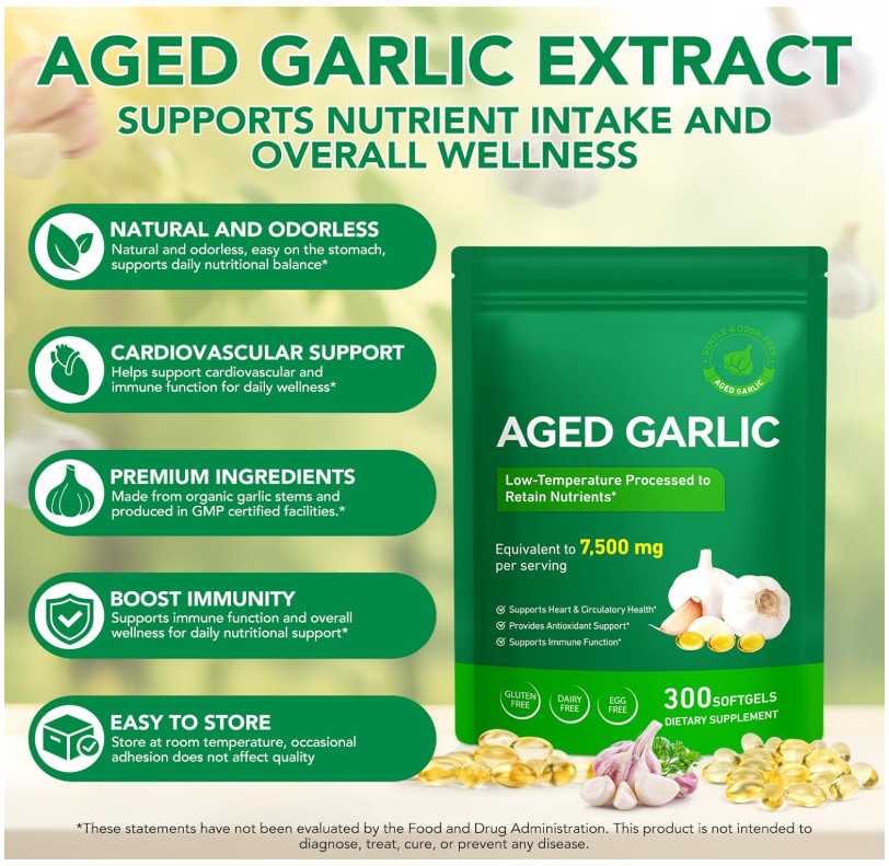 Aged Garlic Extract 7500mg Immune Support 300 Softgels Heart Health Antioxidant