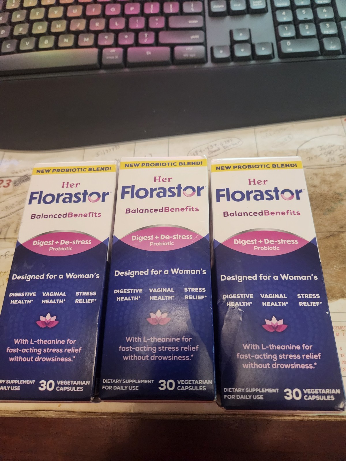 3 New Her Florastor Digest + De-Stress Probiotic – 30 Capsules Each Exp. 08/2026