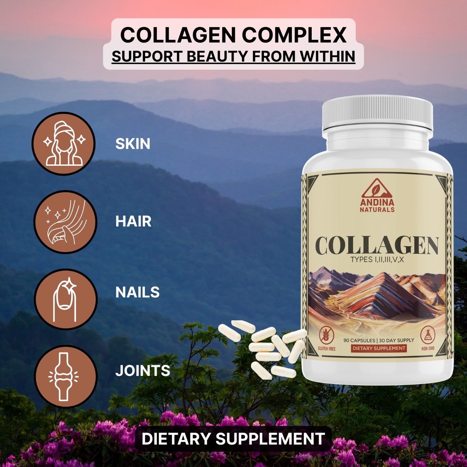 Multi Collagen Complex Capsules Skin Hair Nails Joint Support 90 Count