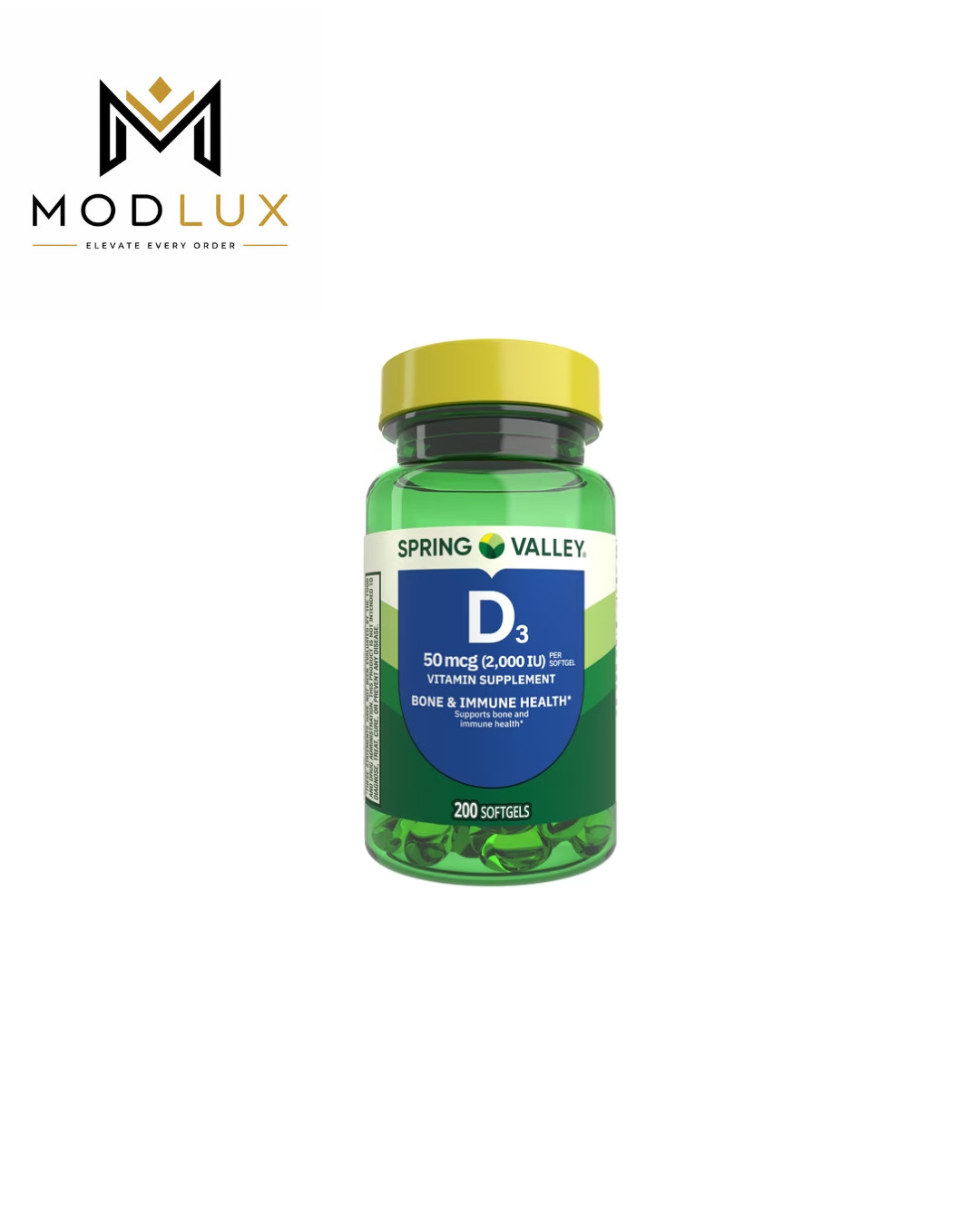 Spring Valley Vitamin D3 2000 IU Softgels Bone & Immune Health, 200 Count