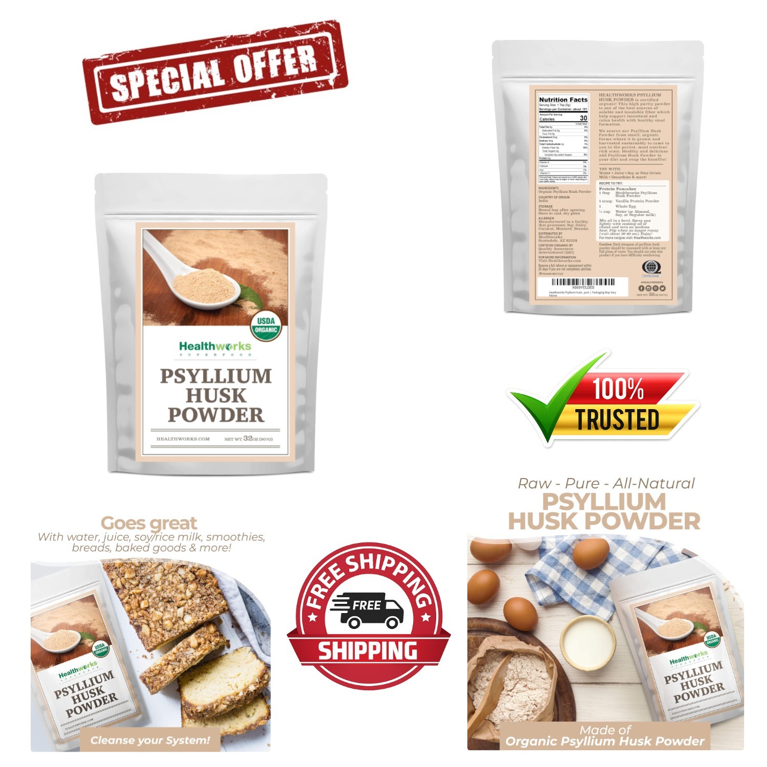 Versatile 32 Oz Organic Psyllium Husk Powder – Ideal for Clean Eating & Health