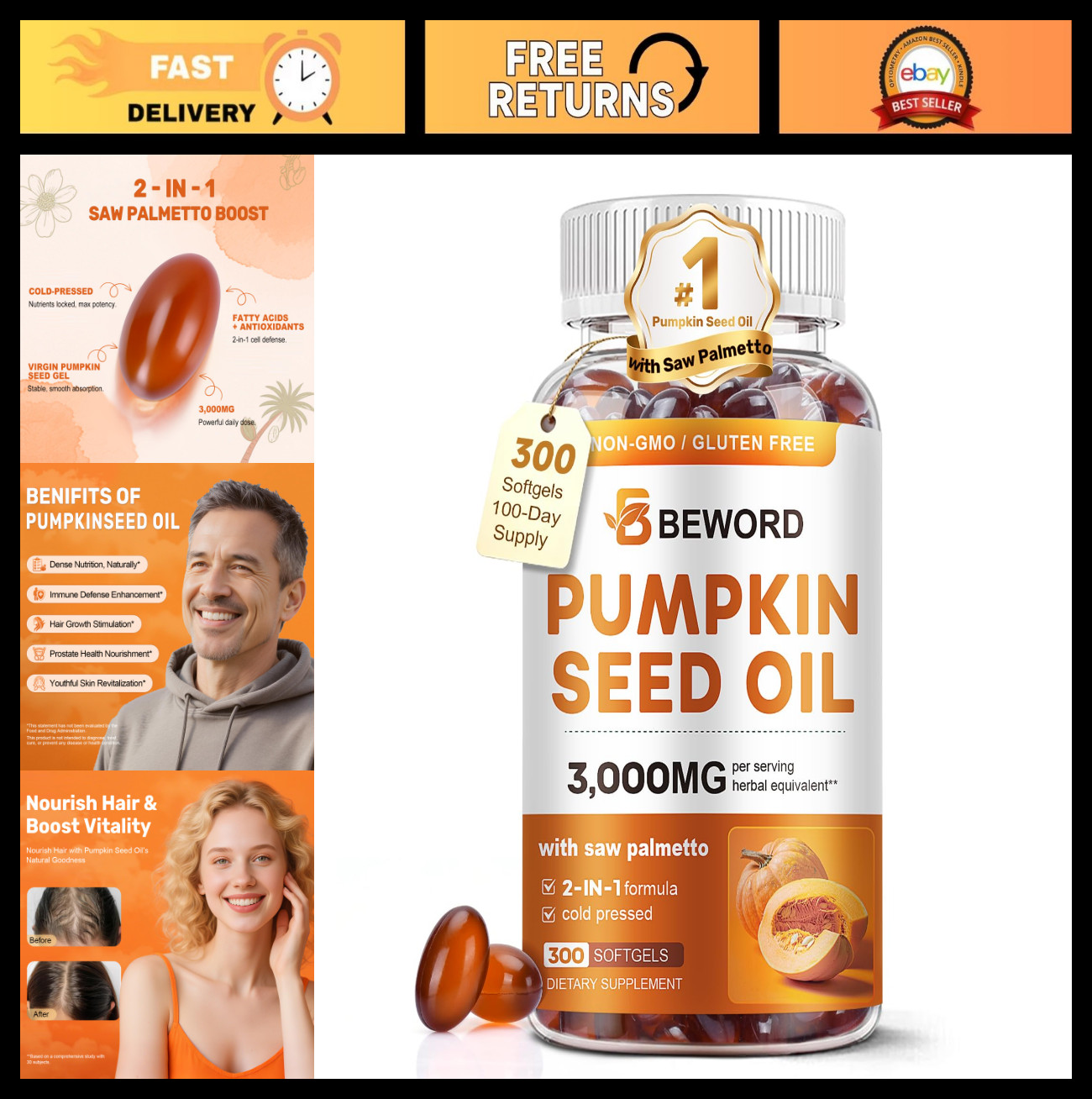 Pumpkin Seed Oil & Saw Palmetto Softgels 3000mg, 300 Count | Cold-Pressed, Non-G