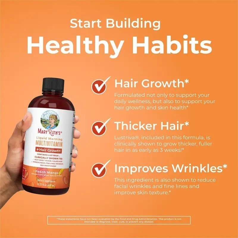 2 BOTTLES–MaryRuth’s Liquid Morning Multivitamin Hair Growth Peach Mango flavor