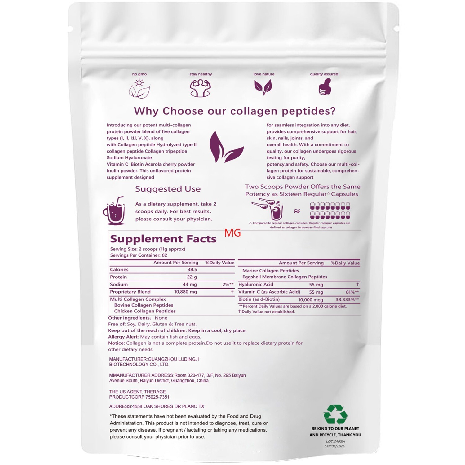 Hydrolyzed I,II,III,V,X Peptide Type lb Multi Collagen Peptides Powder 2 Protein