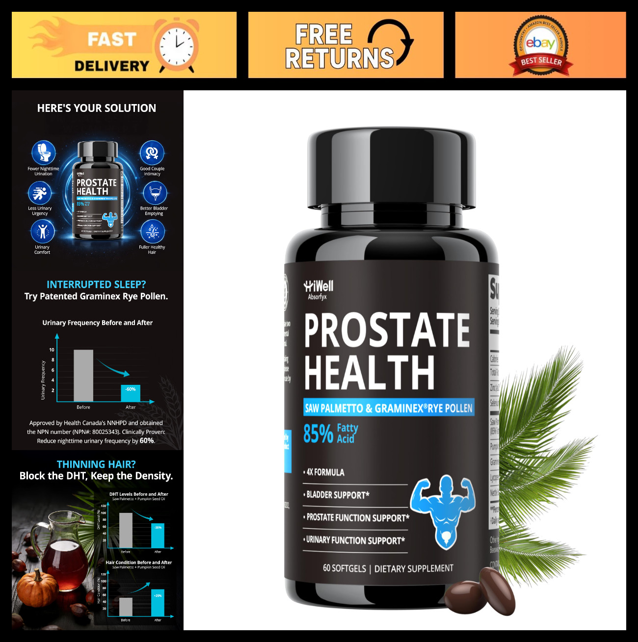 Prostate Health Supplements for Men – Saw Palmetto DHT Blocker, 60 Softgels