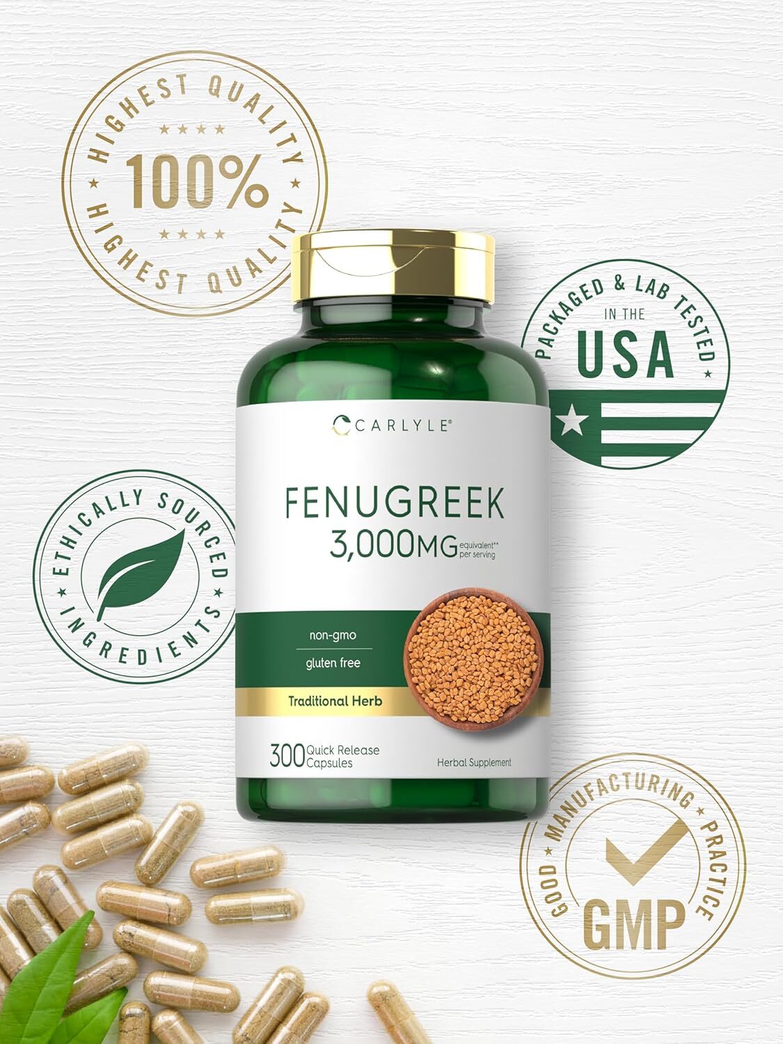 Fenugreek Capsules | 3000mg | 300 Count | Non-GMO, Gluten Free | by Carlyle