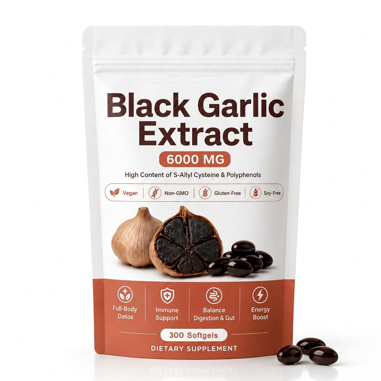 Black Garlic Extract Softgels Odorless 300ct, Vegan Non-GMO Supplement