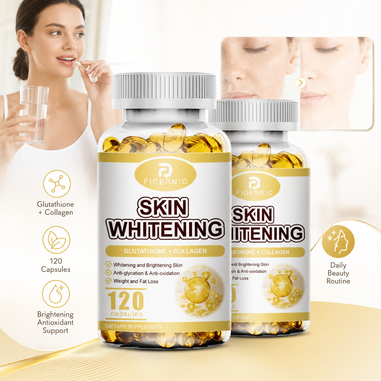 2 Bottles Glutathione Collagen Capsules 120 Count Skin Beauty Antioxidant Suppor