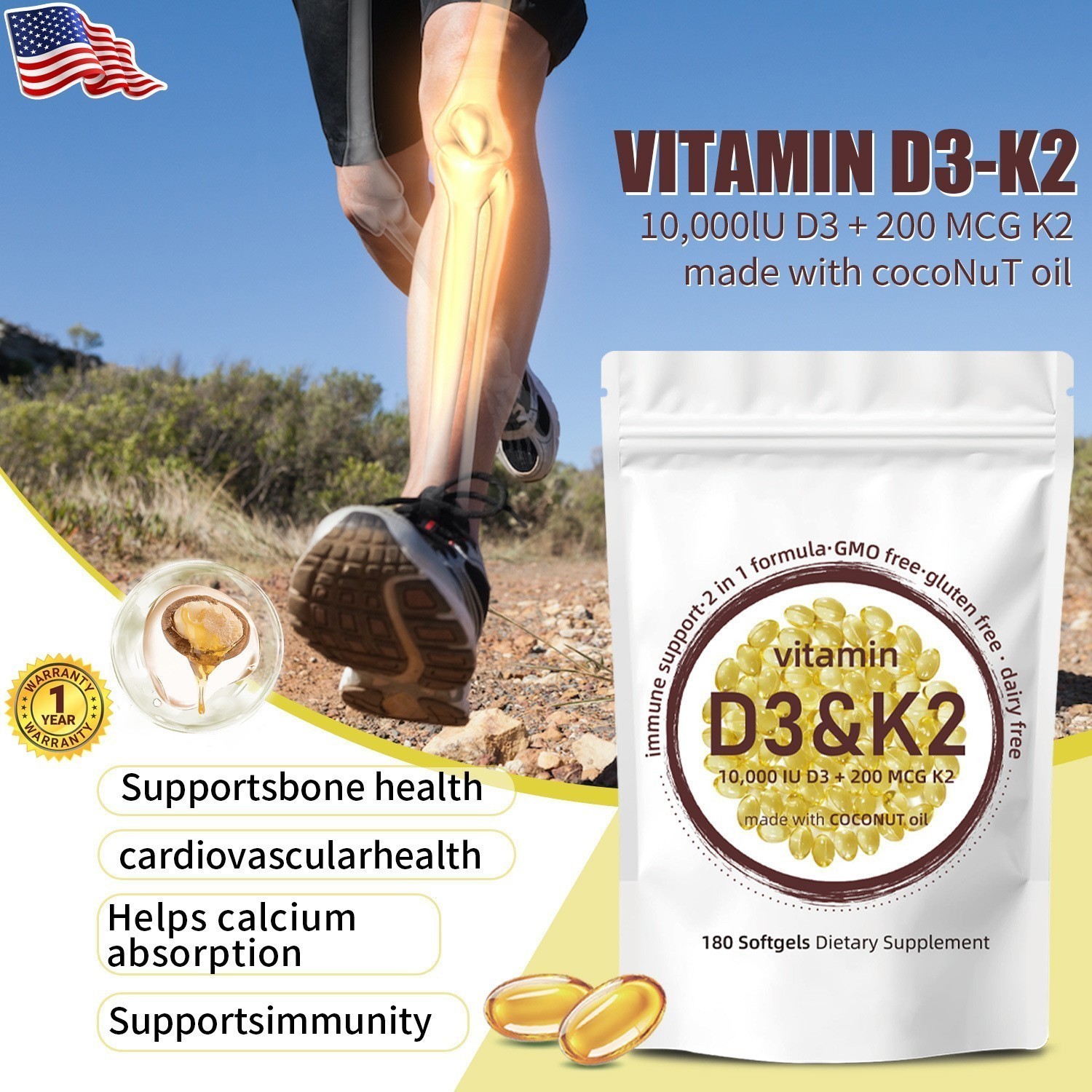 Vitamin D3 10000 iu Plus K2 MK-7 200 mcg 300 Virgin Coconut Oil Softge LOT NEW