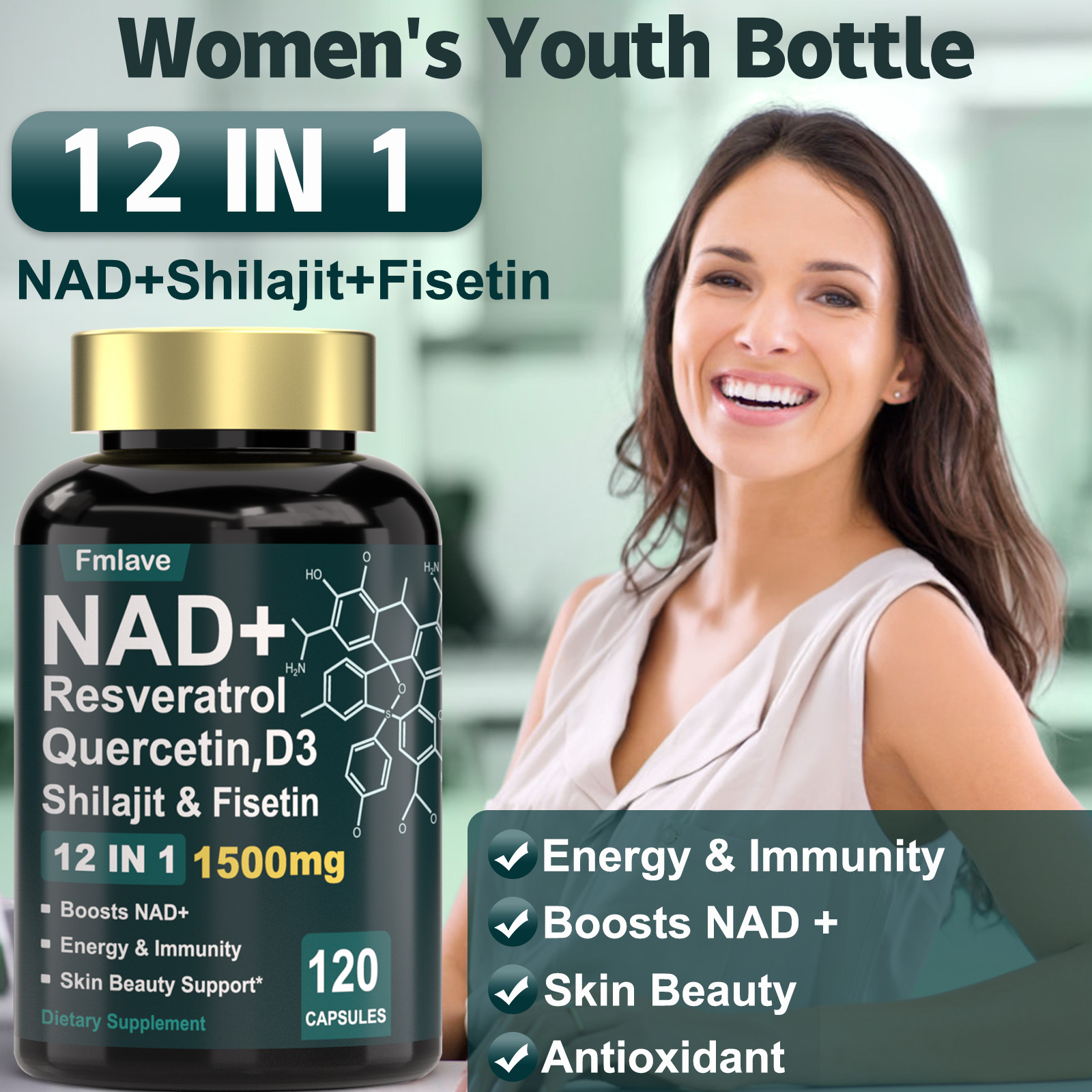 4pack NAD+ Supplement 1500Mg with Resveratrol Fisetin Nad plus Boosting 480 Caps