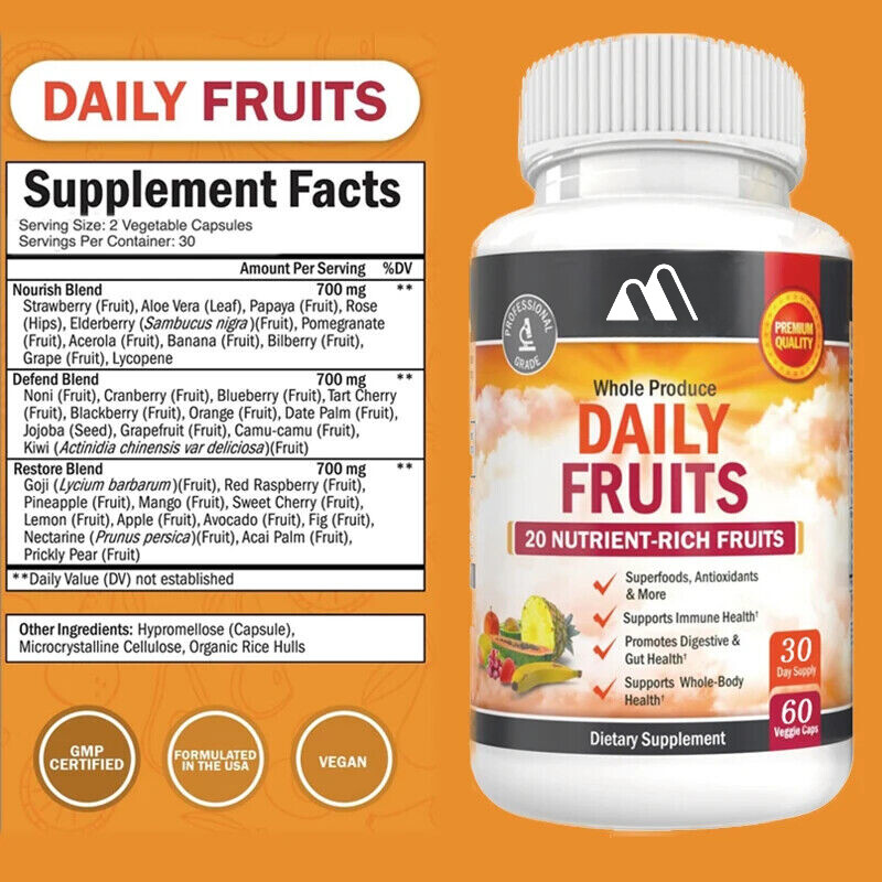 47 Types of Fruits, Multiple Vitamins and Minerals 60 Vegetarian Capsules