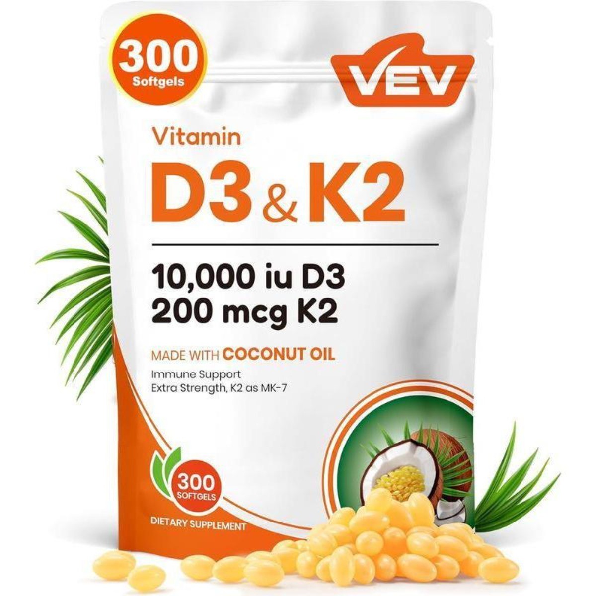 Vitamin D3 K2 Supplement, Coconut Oil for Bone & Immune Support